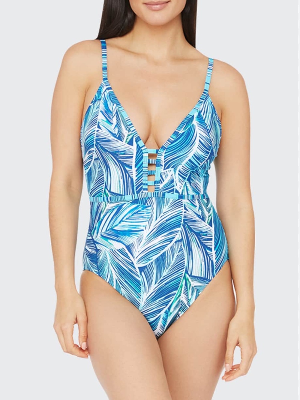 LA BLANCA Sketched Leaves Strappy One-Piece Swimsuit Ladder Front Detail Size 12
